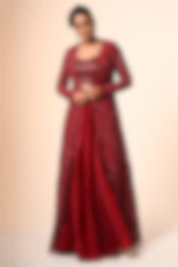 Red Organza Floral Cutwork Jacket Set by COUTURE BY NIHARIKA at Pernia's Pop Up Shop