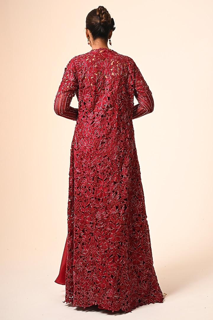 Red Organza Floral Cutwork Jacket Set by COUTURE BY NIHARIKA at Pernia's Pop Up Shop