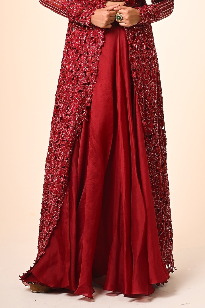 Red Organza Floral Cutwork Jacket Set by COUTURE BY NIHARIKA at Pernia's Pop Up Shop