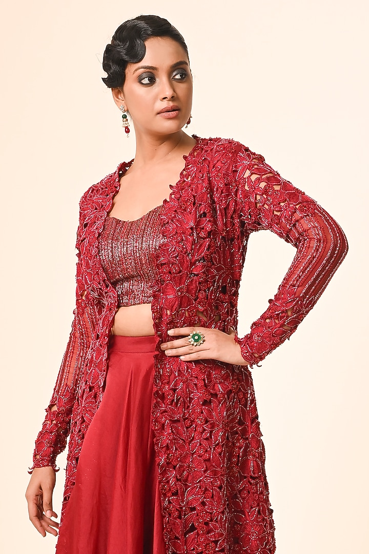 Red Organza Floral Cutwork Jacket Set by COUTURE BY NIHARIKA at Pernia's Pop Up Shop