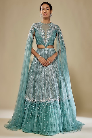 Aqua Green Organza & Net Sequins Embroidered Lehenga Set by COUTURE BY NIHARIKA