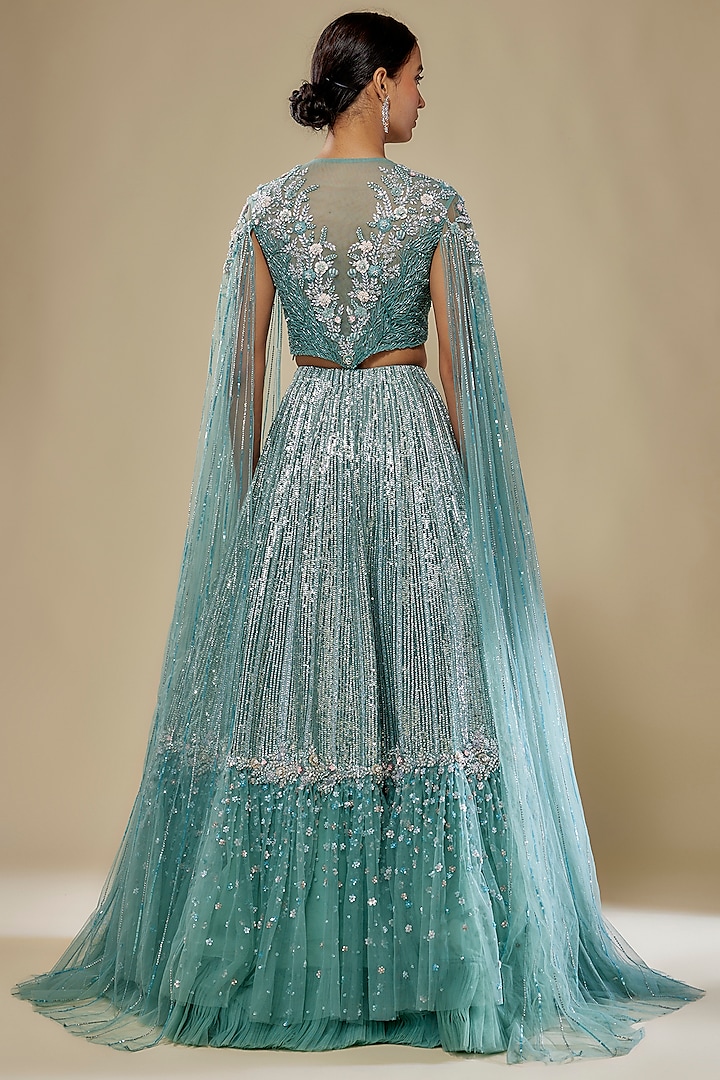 Aqua Green Organza & Net Sequins Embroidered Bridal Lehenga Set by COUTURE BY NIHARIKA at Pernia's Pop Up Shop