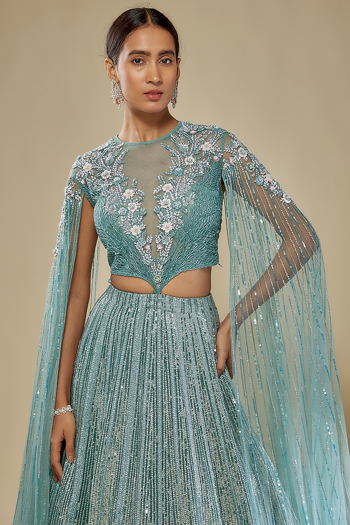 Aqua Green Organza & Net Sequins Embroidered Bridal Lehenga Set by COUTURE BY NIHARIKA at Pernia's Pop Up Shop