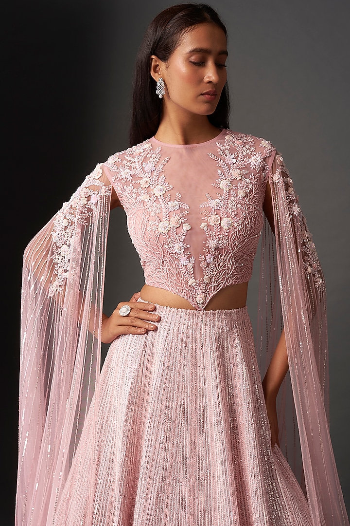 Blush Pink Organza & Net Sequins Embroidered Bridal Lehenga Set by COUTURE BY NIHARIKA at Pernia's Pop Up Shop
