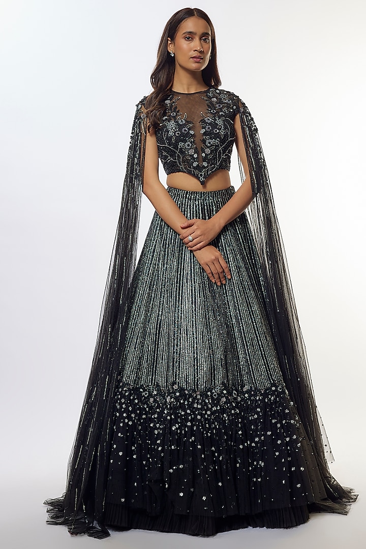 Black Organza Sequins Embroidered Bridal Lehenga Set by COUTURE BY NIHARIKA at Pernia's Pop Up Shop