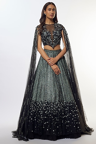 Black Organza Sequins Embroidered Lehenga Set by COUTURE BY NIHARIKA