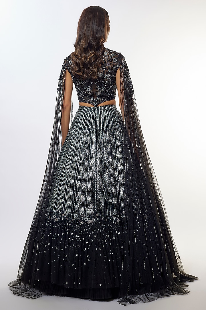 Black Organza Sequins Embroidered Bridal Lehenga Set by COUTURE BY NIHARIKA at Pernia's Pop Up Shop