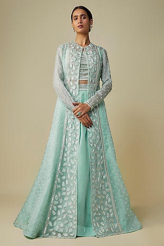 Blue Net Embroidered Kalidar Jacket Set by COUTURE BY NIHARIKA