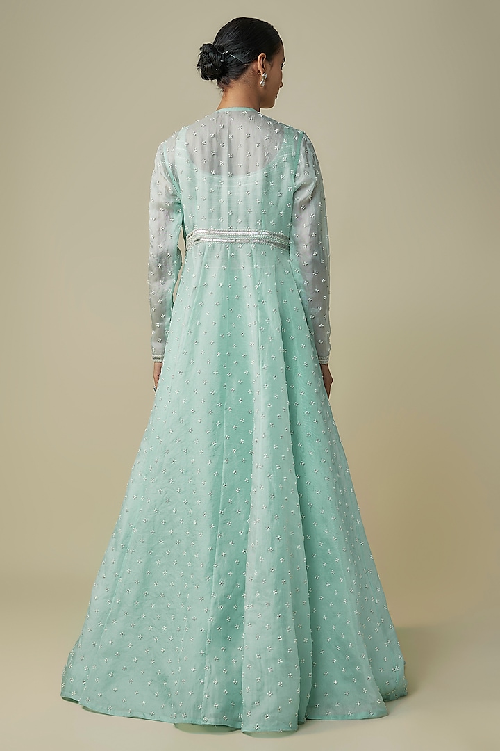 Blue Net Embroidered Kalidar Jacket Set by COUTURE BY NIHARIKA at Pernia's Pop Up Shop