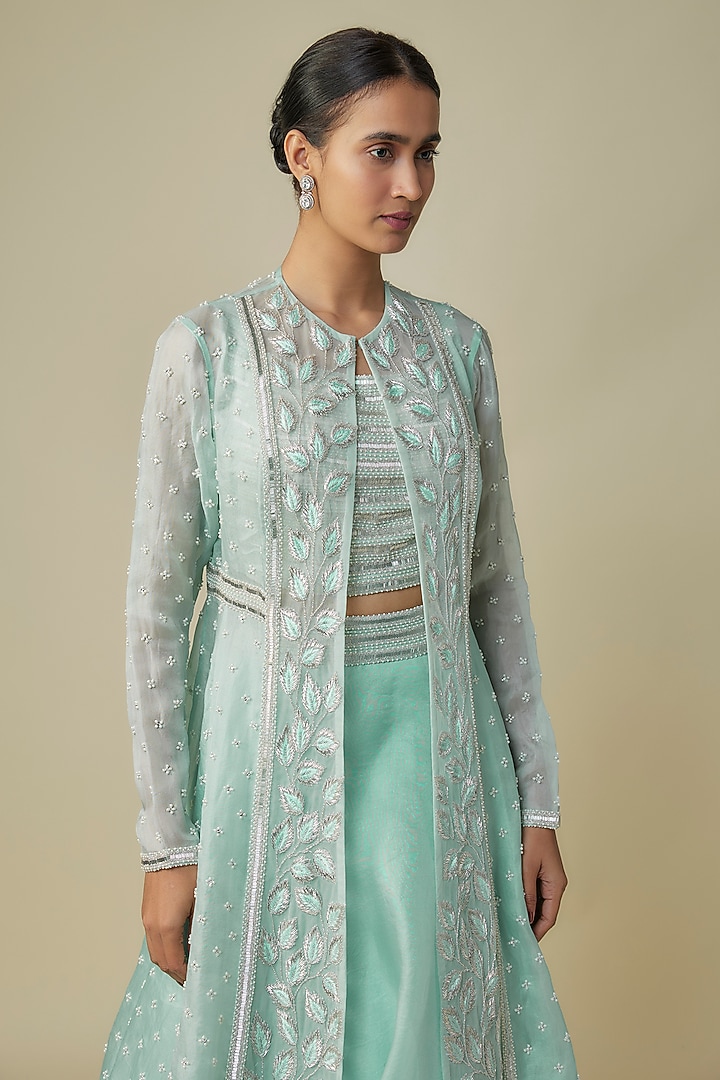 Blue Net Embroidered Kalidar Jacket Set by COUTURE BY NIHARIKA at Pernia's Pop Up Shop
