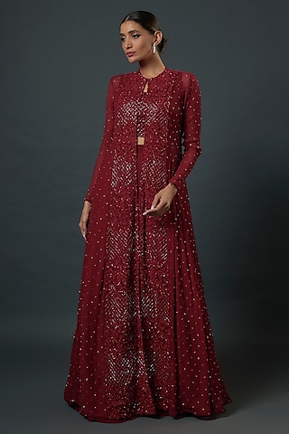 Red Pure Chiffon Embroidered Jacket Set by COUTURE BY NIHARIKA