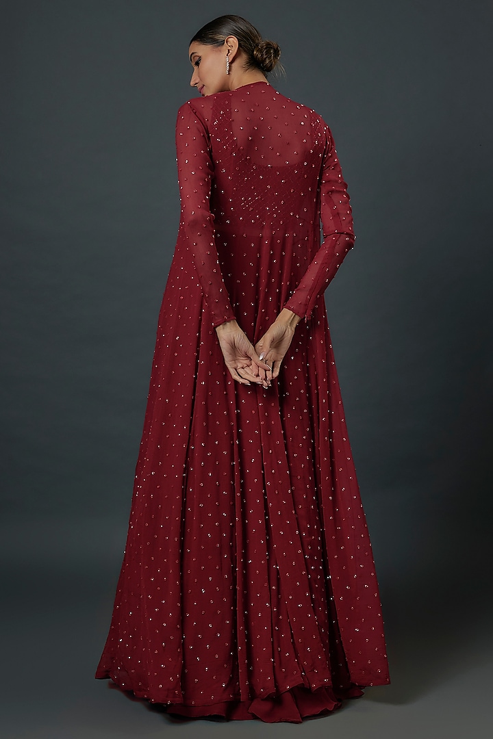 Red Pure Chiffon Embroidered Jacket Set by COUTURE BY NIHARIKA at Pernia's Pop Up Shop