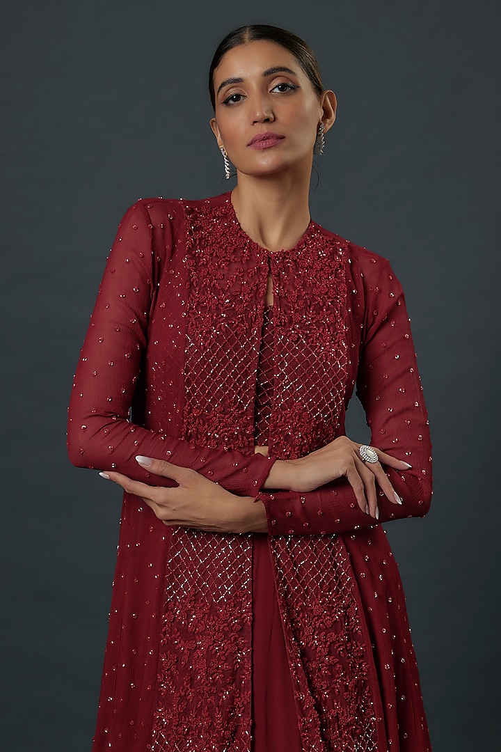 Red Pure Chiffon Embroidered Jacket Set by COUTURE BY NIHARIKA at Pernia's Pop Up Shop
