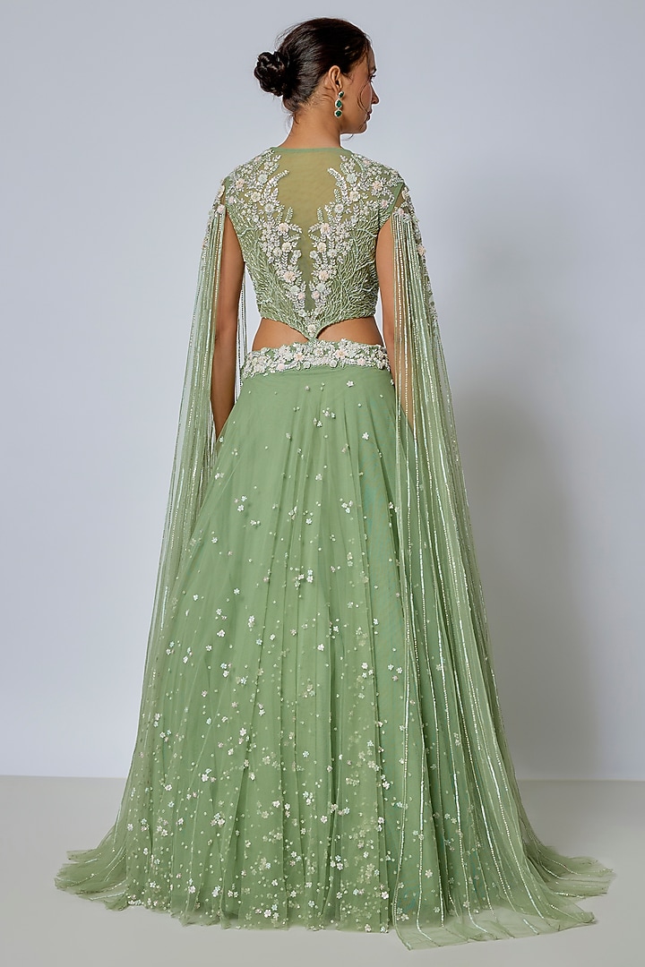 Green Net Cutdana Embroidered Wedding Lehenga Set by COUTURE BY NIHARIKA at Pernia's Pop Up Shop