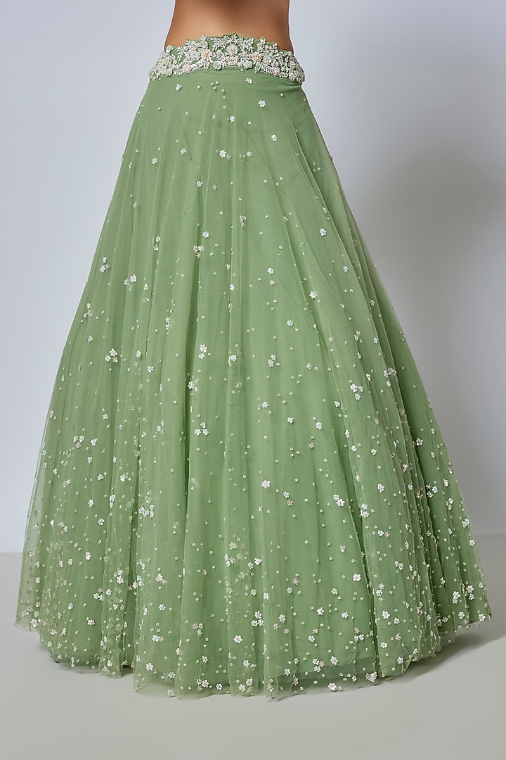 Green Net Cutdana Embroidered Wedding Lehenga Set by COUTURE BY NIHARIKA at Pernia's Pop Up Shop