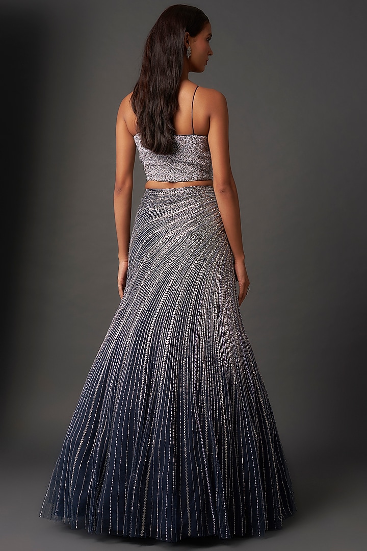 Navy Blue Georgette Sequins Embroidered Wedding Lehenga Set by COUTURE BY NIHARIKA at Pernia's Pop Up Shop