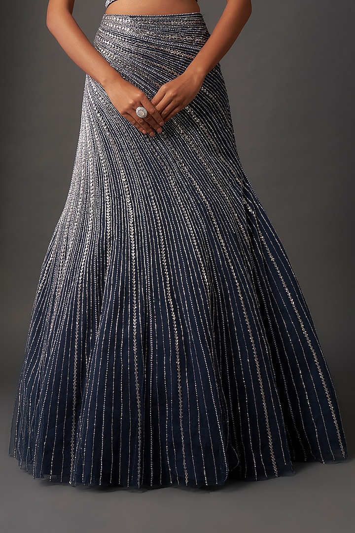 Navy Blue Georgette Sequins Embroidered Wedding Lehenga Set by COUTURE BY NIHARIKA at Pernia's Pop Up Shop