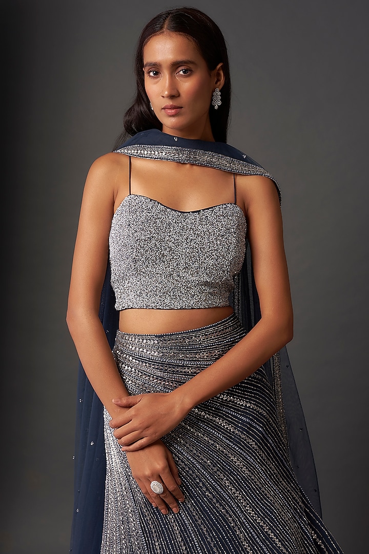 Navy Blue Georgette Sequins Embroidered Wedding Lehenga Set by COUTURE BY NIHARIKA at Pernia's Pop Up Shop