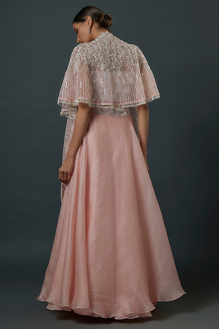 Pink Pure Organza & Satin Organza Embroidered Cape Set by COUTURE BY NIHARIKA at Pernia's Pop Up Shop