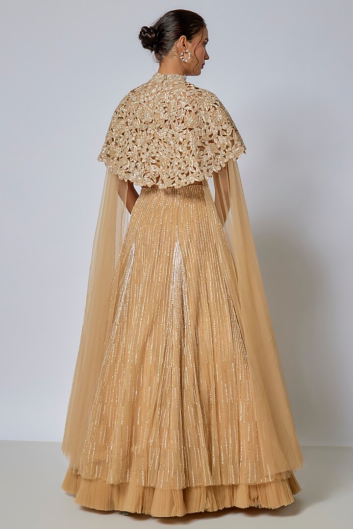 Beige Organza & Net Floral Embroidered Wedding Lehenga Set by COUTURE BY NIHARIKA at Pernia's Pop Up Shop