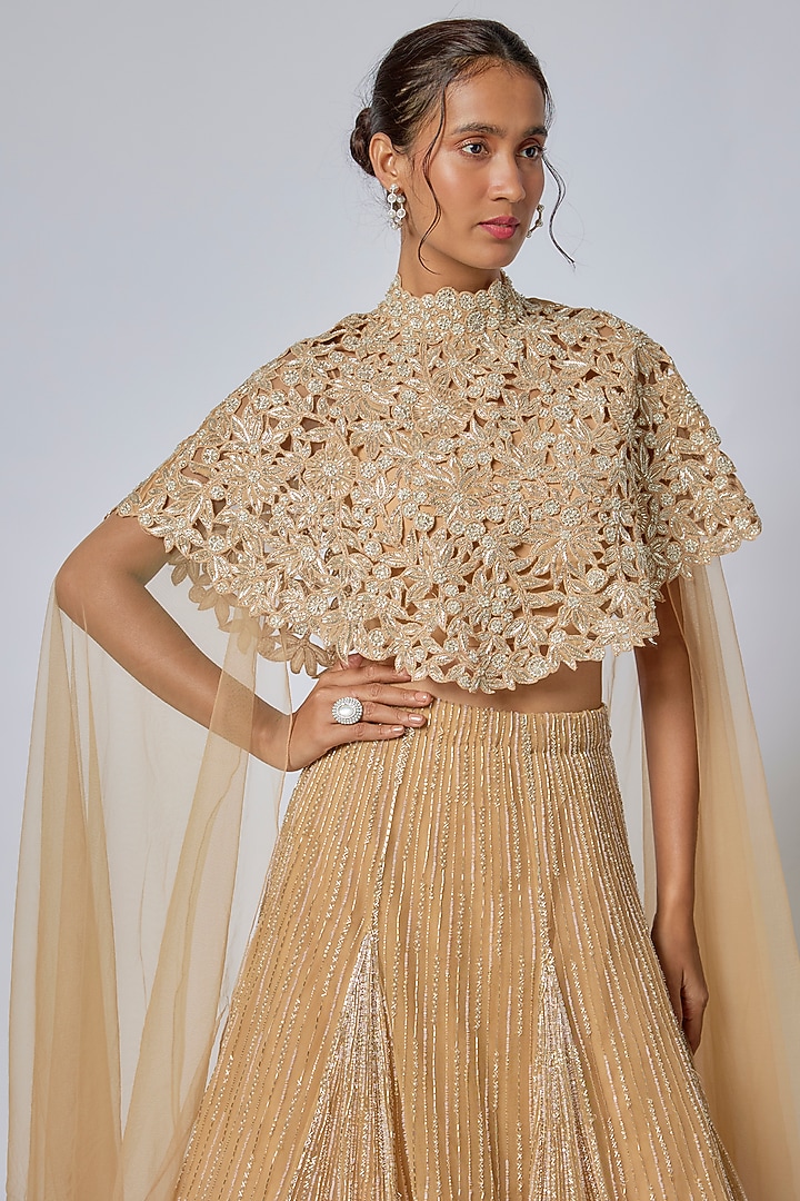 Beige Organza & Net Floral Embroidered Wedding Lehenga Set by COUTURE BY NIHARIKA at Pernia's Pop Up Shop