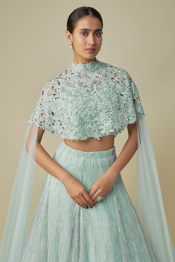 Blue Net & Organza Embroidered Kalidar Wedding Lehenga Set by COUTURE BY NIHARIKA at Pernia's Pop Up Shop