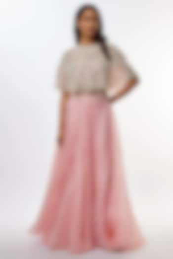 Lilac Pink Organza Pearl Embroidered Cape Set by COUTURE BY NIHARIKA at Pernia's Pop Up Shop