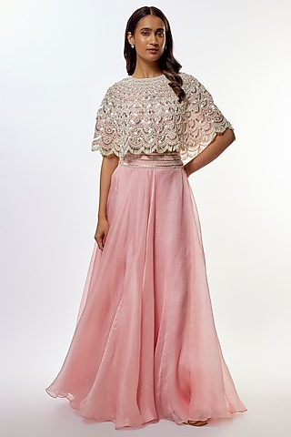 Lilac Pink Organza Pearl Embroidered Cape Set by COUTURE BY NIHARIKA