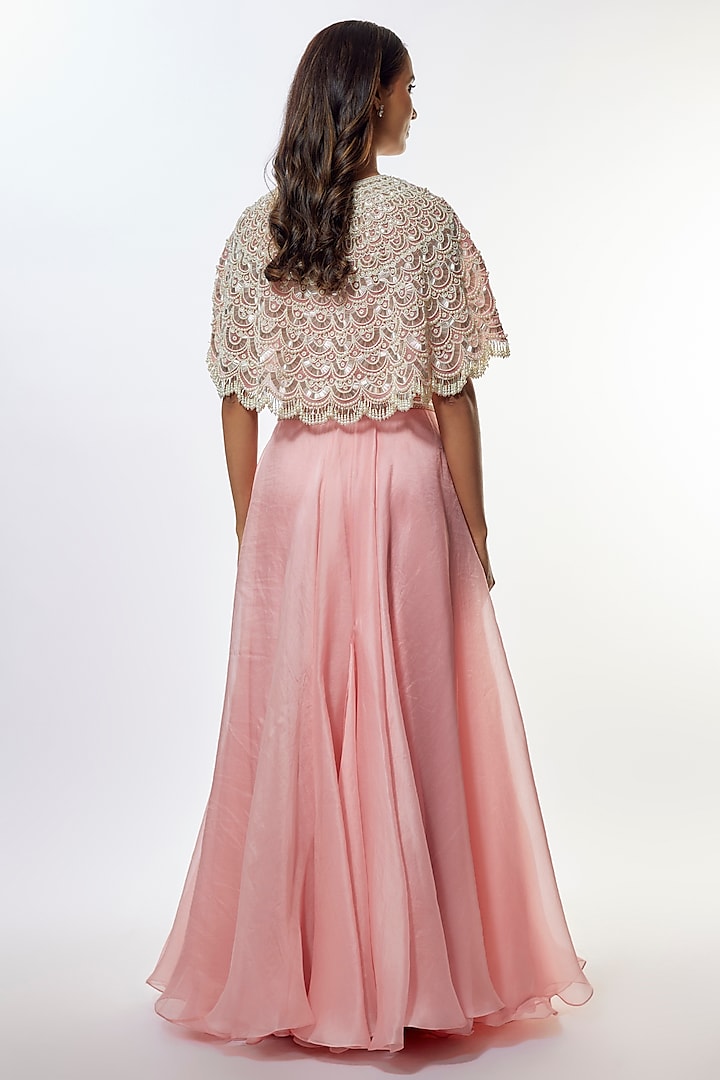 Lilac Pink Organza Pearl Embroidered Cape Set by COUTURE BY NIHARIKA at Pernia's Pop Up Shop