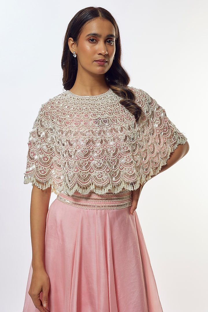 Lilac Pink Organza Pearl Embroidered Cape Set by COUTURE BY NIHARIKA at Pernia's Pop Up Shop