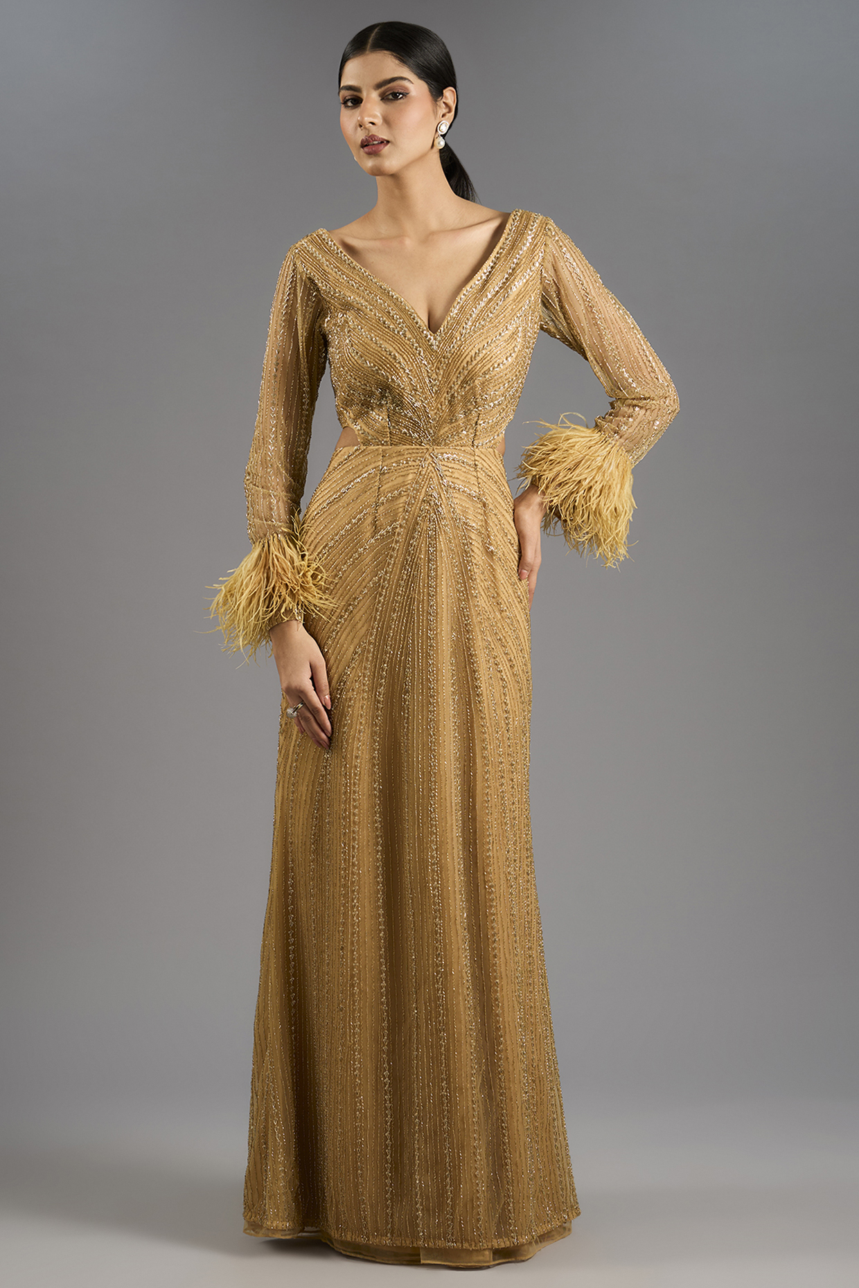 Gold Net Sequins Work Gown by COUTURE BY NIHARIKA at Pernia's Pop Up Shop