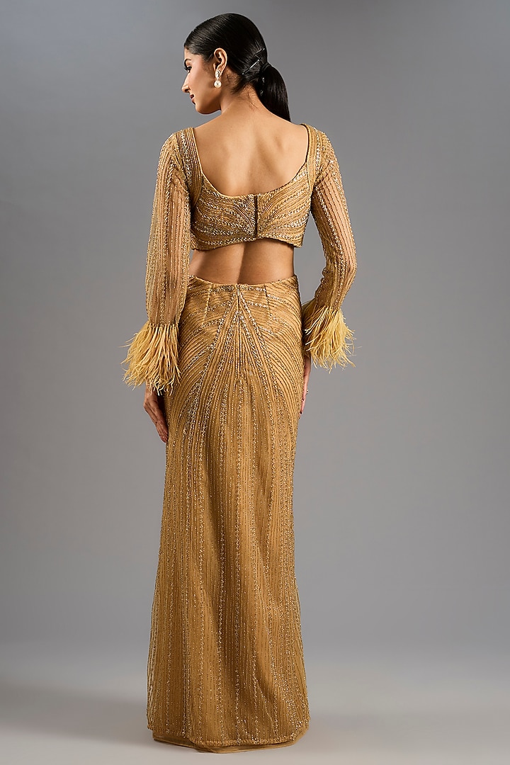 Gold Net Sequins Work Wedding Gown by COUTURE BY NIHARIKA at Pernia's Pop Up Shop