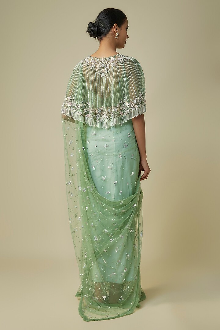 Green Net & Organza Cape Reception Saree Set by COUTURE BY NIHARIKA at Pernia's Pop Up Shop