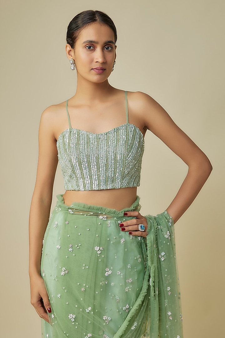 Green Net & Organza Cape Reception Saree Set by COUTURE BY NIHARIKA at Pernia's Pop Up Shop