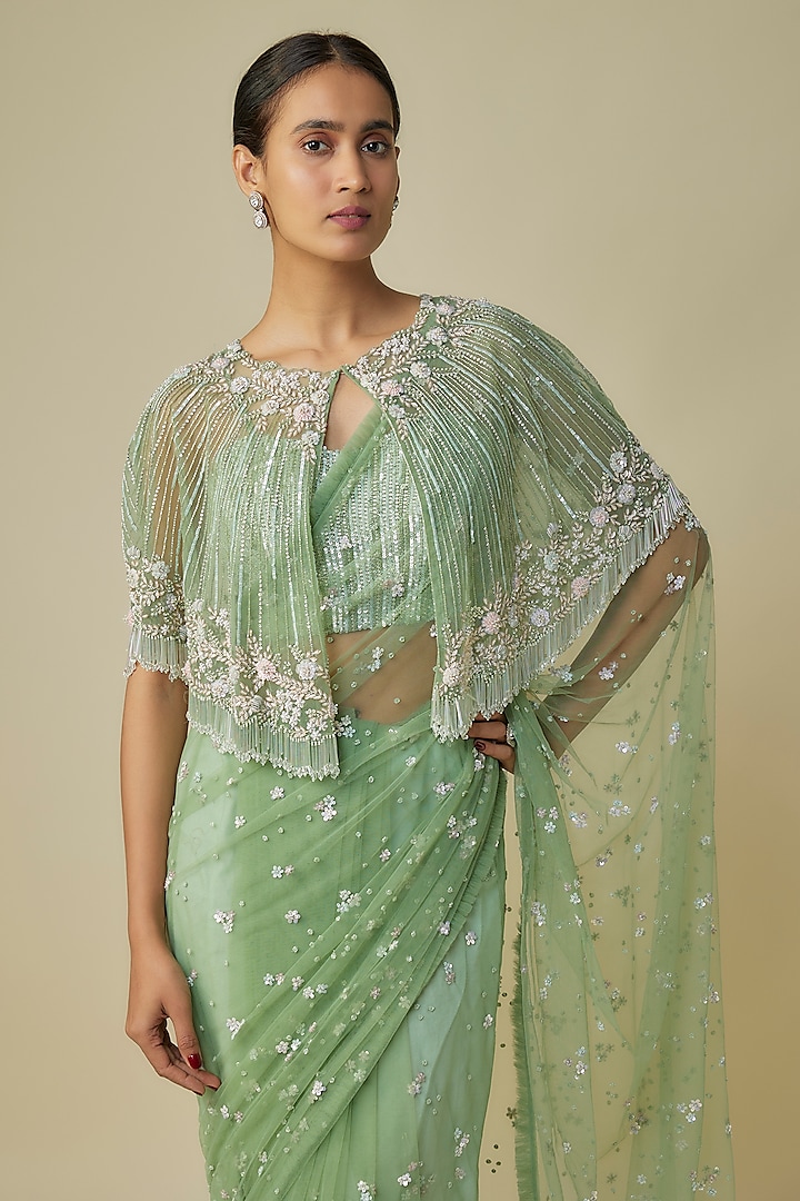 Green Net & Organza Cape Reception Saree Set by COUTURE BY NIHARIKA at Pernia's Pop Up Shop