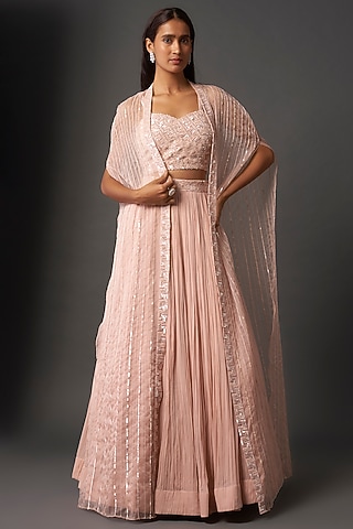 Pink Viscose Georgette Sequins Embroidered Jacket Lehenga Set by COUTURE BY NIHARIKA