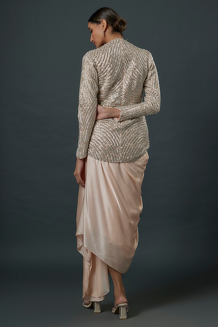 Peach Pure Satin Draped Skirt Set by COUTURE BY NIHARIKA at Pernia's Pop Up Shop
