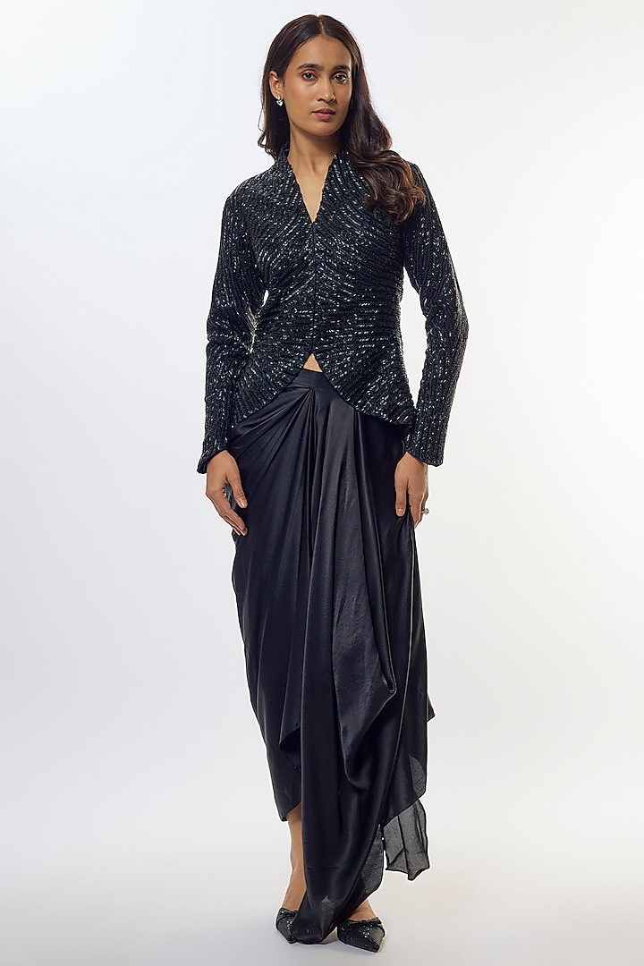 Black Organza Draped Skirt Set by COUTURE BY NIHARIKA at Pernia's Pop Up Shop