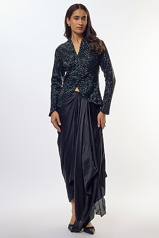 Black Organza Draped Skirt Set by COUTURE BY NIHARIKA