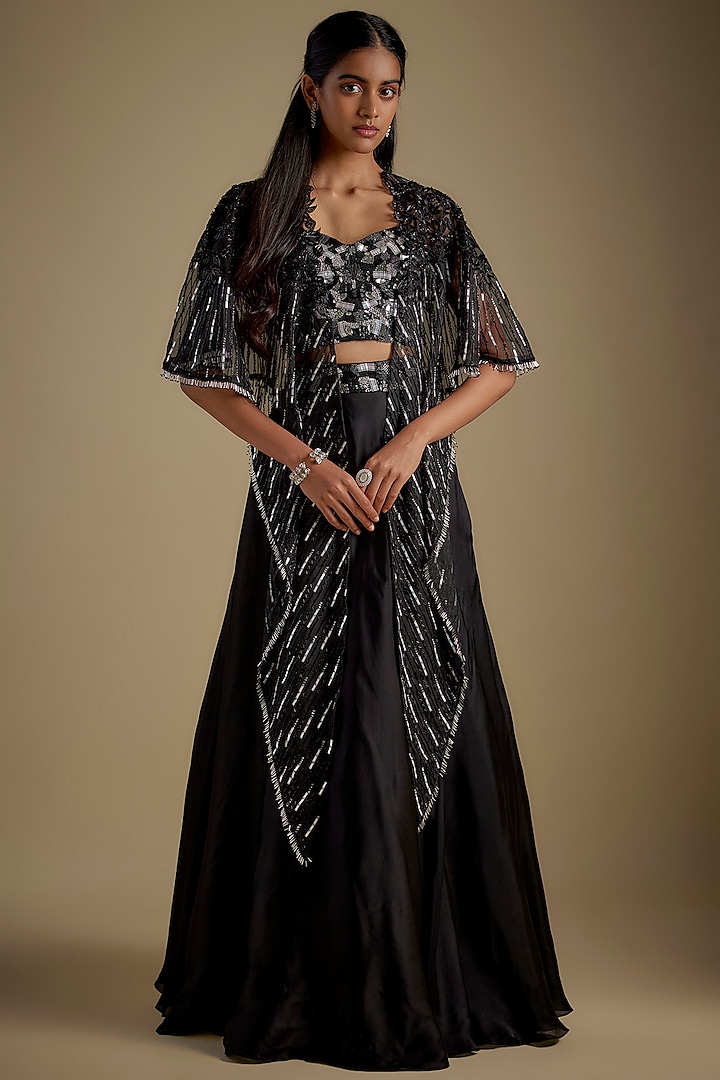 Black Satin Organza Cutwork Floral Embroidered Wedding Lehenga Set by COUTURE BY NIHARIKA at Pernia's Pop Up Shop