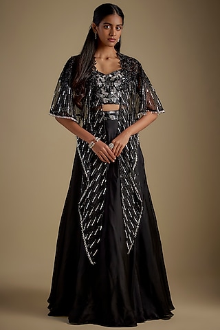 Black Satin Organza Cutwork Floral Embroidered Lehenga Set by COUTURE BY NIHARIKA