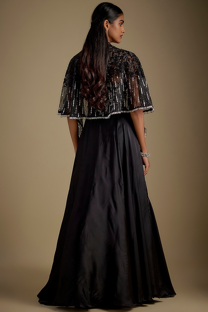 Black Satin Organza Cutwork Floral Embroidered Wedding Lehenga Set by COUTURE BY NIHARIKA at Pernia's Pop Up Shop