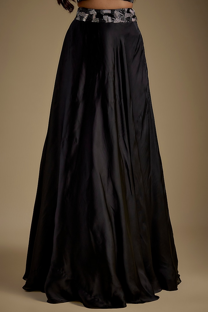 Black Satin Organza Cutwork Floral Embroidered Wedding Lehenga Set by COUTURE BY NIHARIKA at Pernia's Pop Up Shop