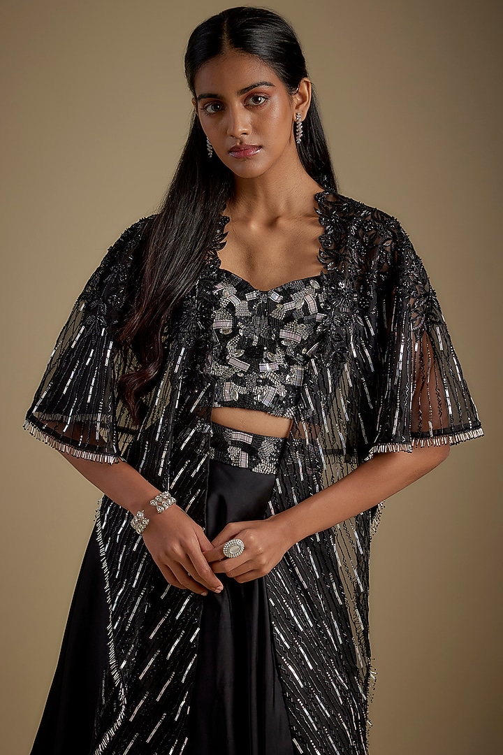 Black Satin Organza Cutwork Floral Embroidered Wedding Lehenga Set by COUTURE BY NIHARIKA at Pernia's Pop Up Shop