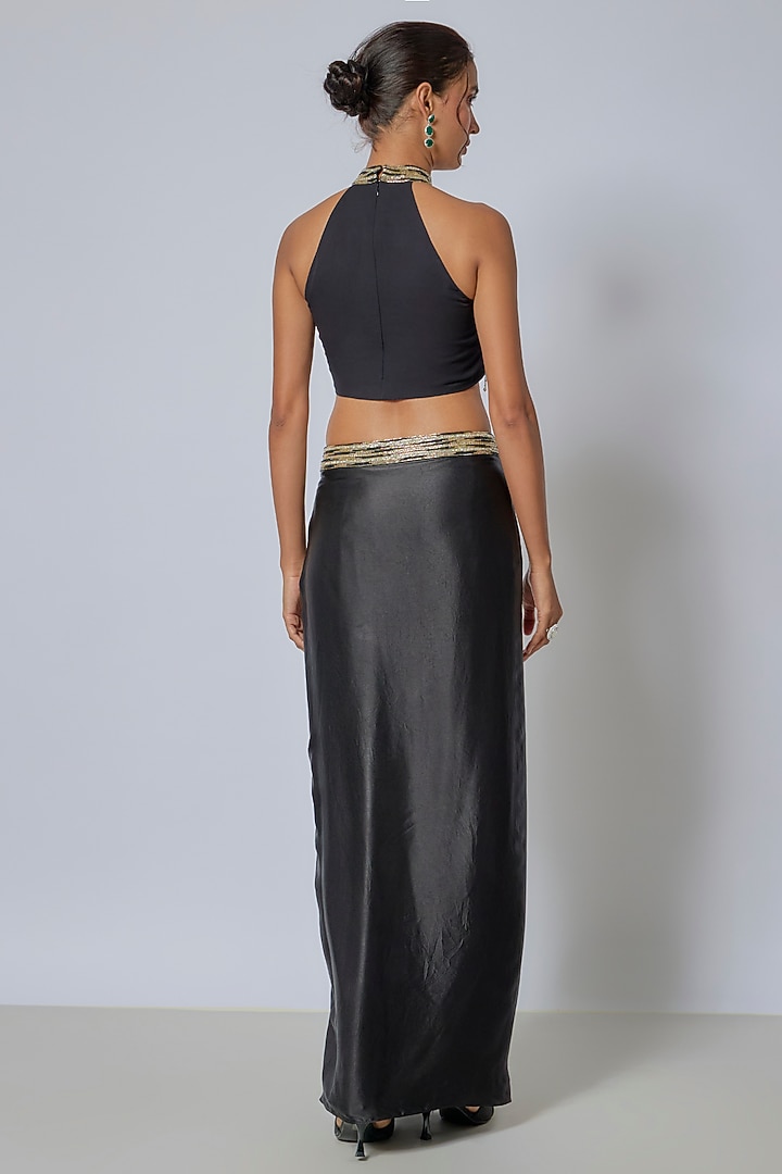 Black Pure Satin Draped Skirt Set by COUTURE BY NIHARIKA at Pernia's Pop Up Shop
