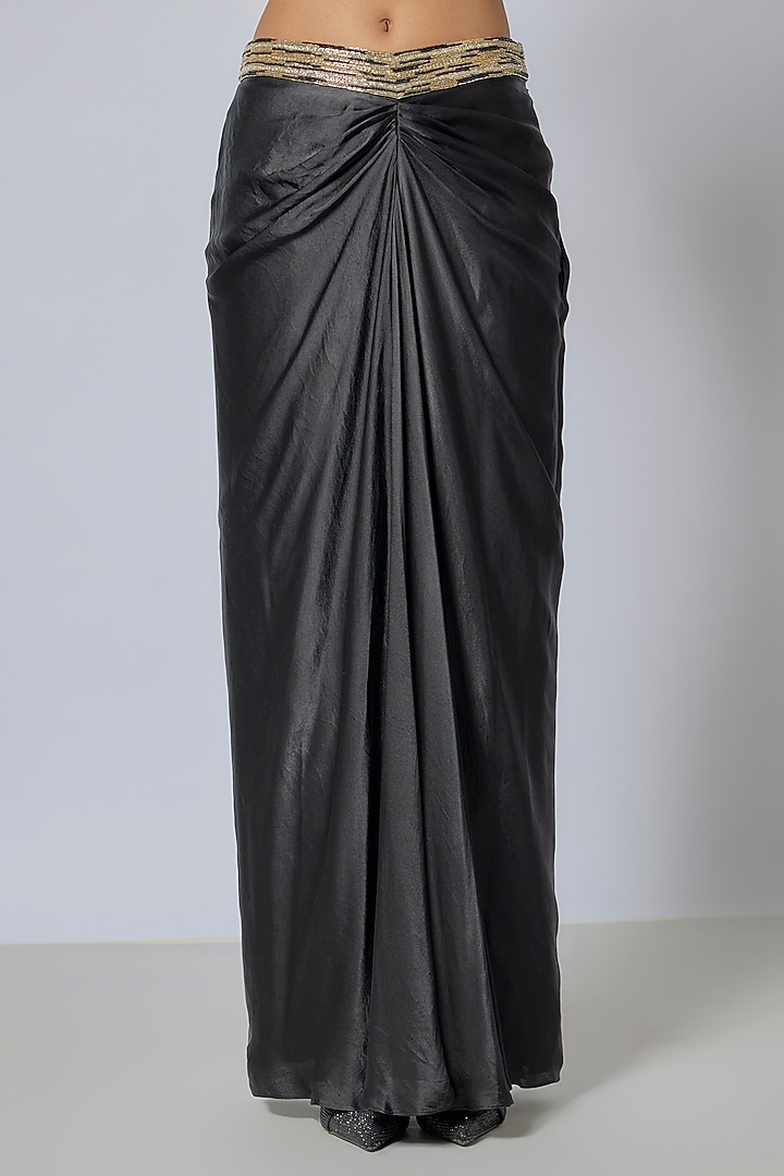 Black Pure Satin Draped Skirt Set by COUTURE BY NIHARIKA at Pernia's Pop Up Shop