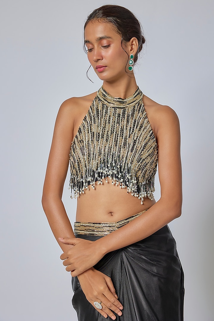 Black Pure Satin Draped Skirt Set by COUTURE BY NIHARIKA at Pernia's Pop Up Shop