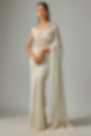 Ivory Net Hand Embroidered Reception Saree Set by COUTURE BY NIHARIKA at Pernia's Pop Up Shop