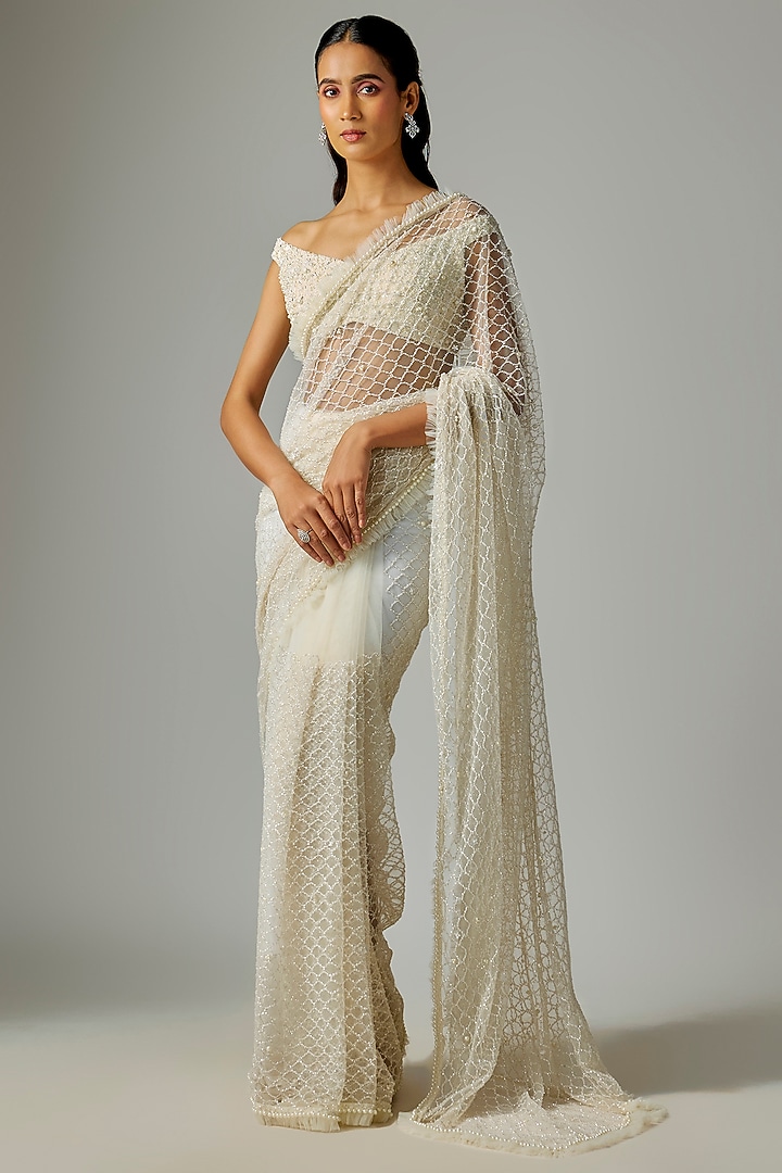 Ivory Net Hand Embroidered Reception Saree Set by COUTURE BY NIHARIKA at Pernia's Pop Up Shop