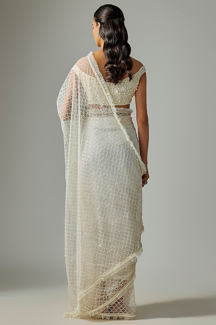 Ivory Net Hand Embroidered Reception Saree Set by COUTURE BY NIHARIKA at Pernia's Pop Up Shop